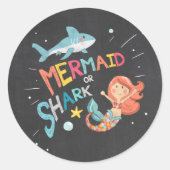 シャークまたはマーメイドステッカーメッセージカードプールパーティー ラウンドシール (正面)