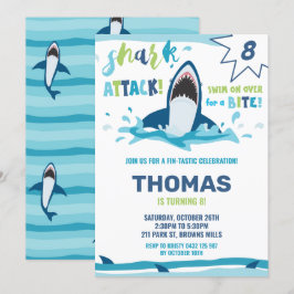 シャークアタックバースデーパーティーシャークボーイズプールパーティー 招待状