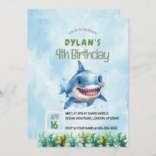 シャークアタック海招待状ボーイズ誕生日 招待状 (正面/裏面)