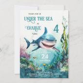 シャークアンダーザシーズ海をテーマにした子供の誕生日 招待状 (正面)