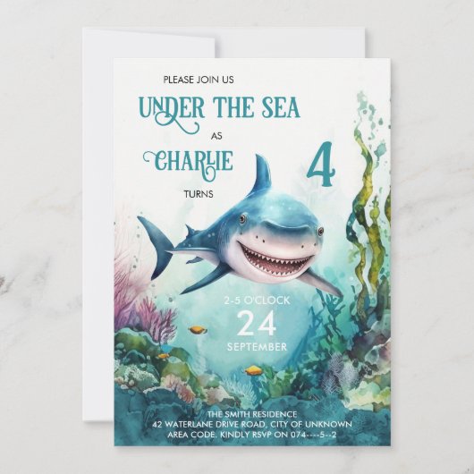 シャークアンダーザシーズ海をテーマにした子供の誕生日 招待状 (正面)