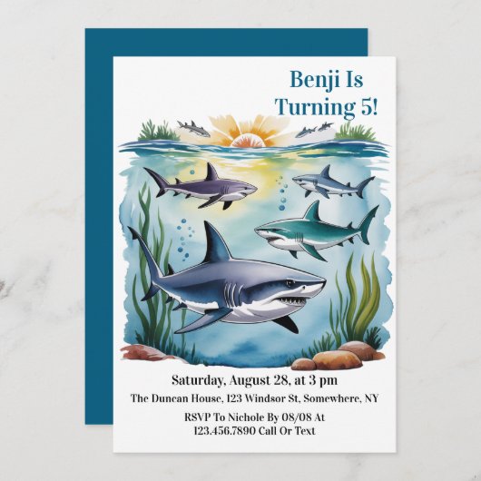 シャークアンダーザシーボーイ誕生日 招待状 (正面/裏面)