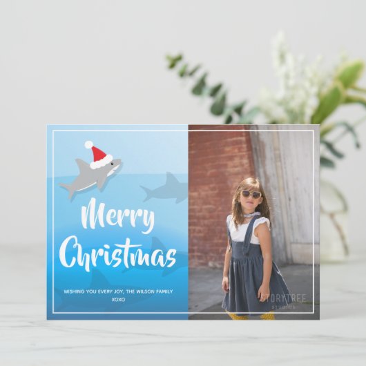 シャークインサンタハットクリスマスフラットホリデーカード シーズンカード (スタンド正面)