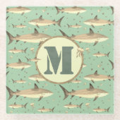 シャーククラゲ模様の水彩モノグラムグリーン ガラスコースター (正面)