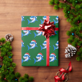 シャーククリスマスサンタハットギフトグリーン ラッピングペーパー