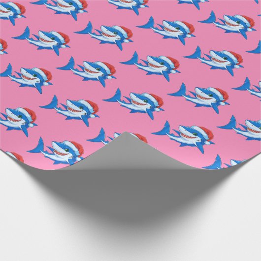 シャーククリスマスサンタハットギフトピンク海 ラッピングペーパー (角)