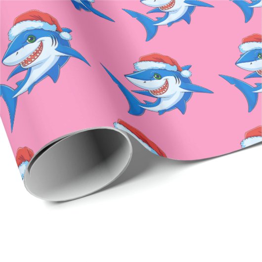シャーククリスマスサンタハットギフトピンク海 ラッピングペーパー (ロールコーナー)