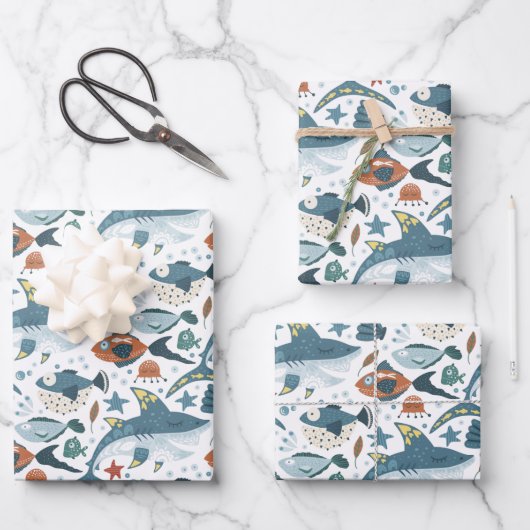 シャークザシーフィッシュホワイト子供の誕生日 ラッピングペーパーシート (正面)