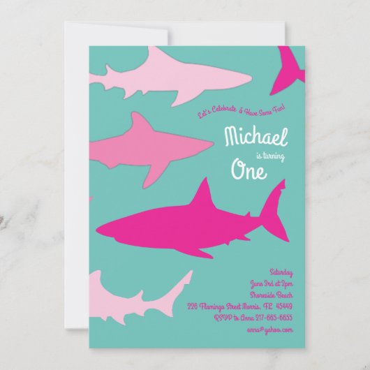 シャークシルエットかわいい子ども1歳の誕生日パーティーピンク 招待状 (正面)