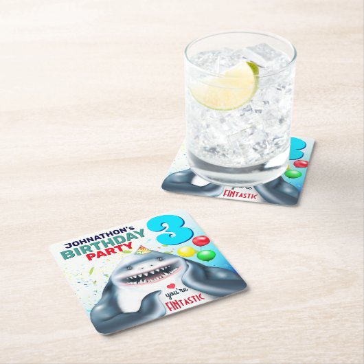 シャークテーマフィンタスティック子供の誕生日 スクエアペーパーコースター (インサイチュ)