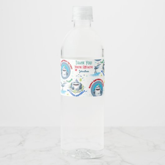 シャークテーマフィンタスティック子供の誕生日 ペットボトルラベル (正面)