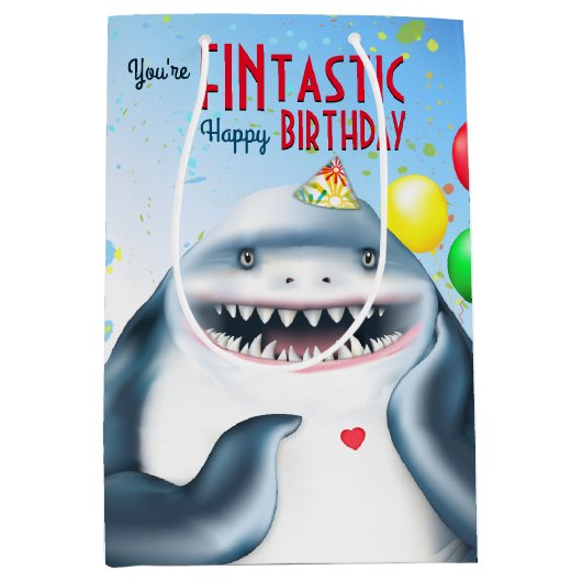 シャークテーマフィンタスティック子供の誕生日 ミディアムペーパーバッグ (正面)