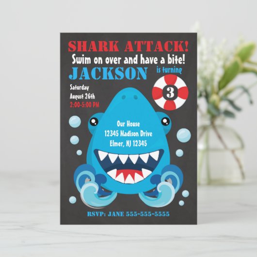 シャークバイトプールパーティー誕生日招待状 招待状 (スタンド正面)