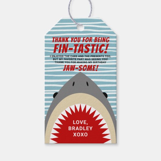 シャークバイト任意の年齢の誕生日パーティーありがとう ギフトタグ (正面)