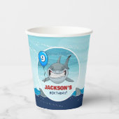 シャークバースデーパーティーブルー紙カップ 紙コップ (正面)