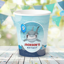 シャークバースデーパーティーブルー紙カップ 紙コップ