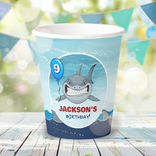 シャークバースデーパーティーブルー紙カップ 紙コップ