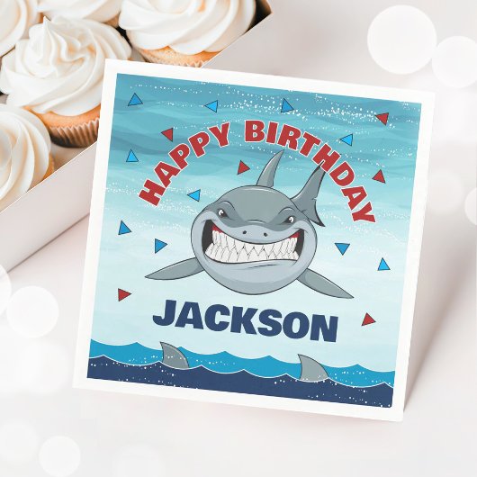 シャークバースデーパーティーボーイズペーパーナプキン スタンダードカクテルナプキン