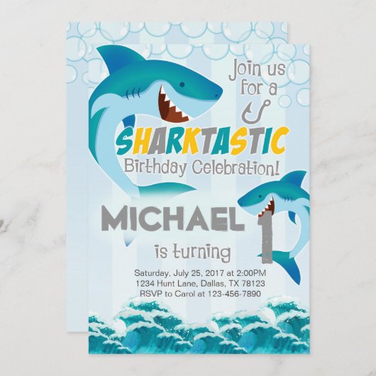 シャークバースデーパーティー招待招待状ボーイ 招待状 (正面/裏面)