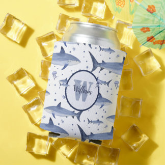 シャークパターン🦈名前+水彩モノグラム 缶クーラー