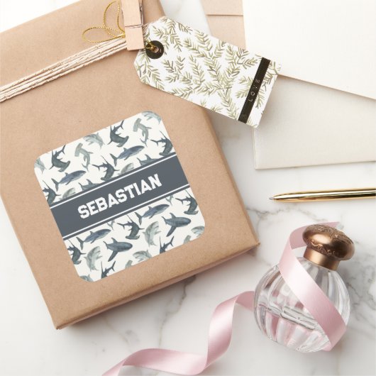 シャークパーソナライズされたシール | ザメの水色 スクエアシール (ギフト)