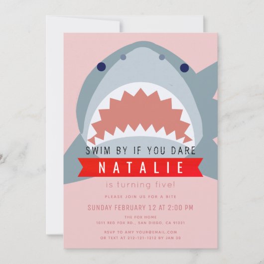 シャークピンクプールガール誕生日 招待状 (正面)