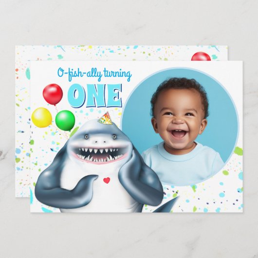 シャークフォト子供の誕生日パーティー 招待状 (正面/裏面)