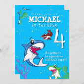 シャークブルー海キッズエイジ誕生日 招待状 (正面/裏面)
