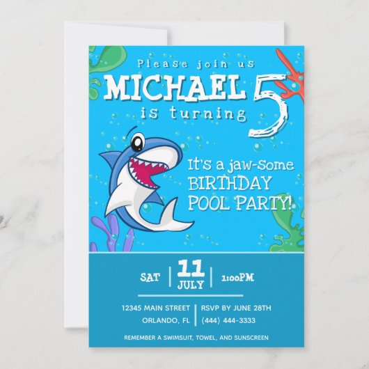 シャークブルー海キッズエイジ誕生日 招待状 (正面)