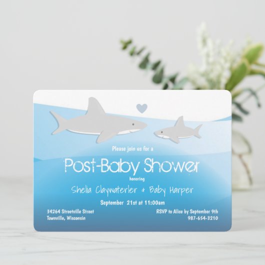 シャークブルー海ポスト赤ちゃんシャワー 招待状 (スタンド正面)