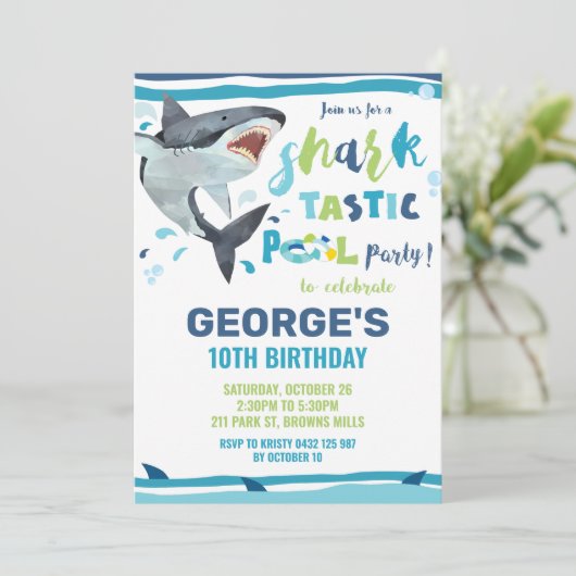 シャークプール誕生日パーティーシャークタスティックボーイ 招待状 (スタンド正面)