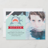 シャークボーイネイビーブルーバーチャルプールフォト誕生日 招待状 (正面)