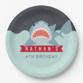 シャークボーイネイビーブループール誕生日紙プレート ペーパープレート (正面)