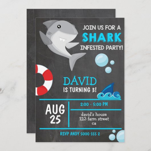 シャークボーイ誕生日パーティー夏 招待状 (正面/裏面)