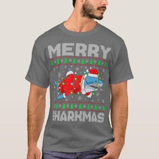 シャークマメリークリスマスライツ醜いサンタシャークキリスト Tシャツ
