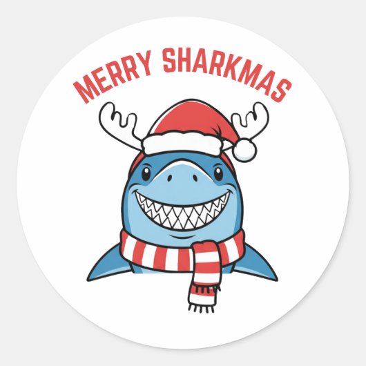 シャークメリークリスマス 面白いクリスマスのサメ ラウンドシール (正面)