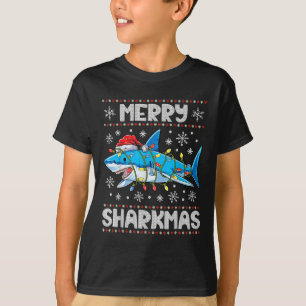 シャークメリーマスシャークサンタ醜いクリスマスライトB Tシャツ