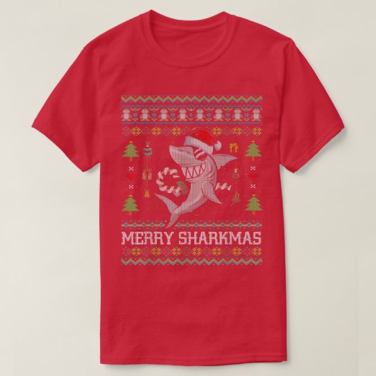 シャークメリーマスシャーク醜いクリスマスセーター Tシャツ (デザイン正面)