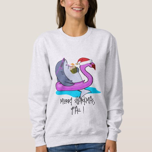 シャークメリーマスY'allサメのギフトのクリスマおもしろいス スウェットシャツ (正面)