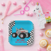 シャークモンスタートラックレース旗誕生日パーティー ペーパープレート (パーティー)