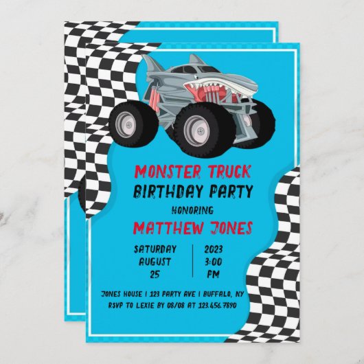 シャークモンスタートラックレース旗誕生日パーティー 招待状 (正面/裏面)