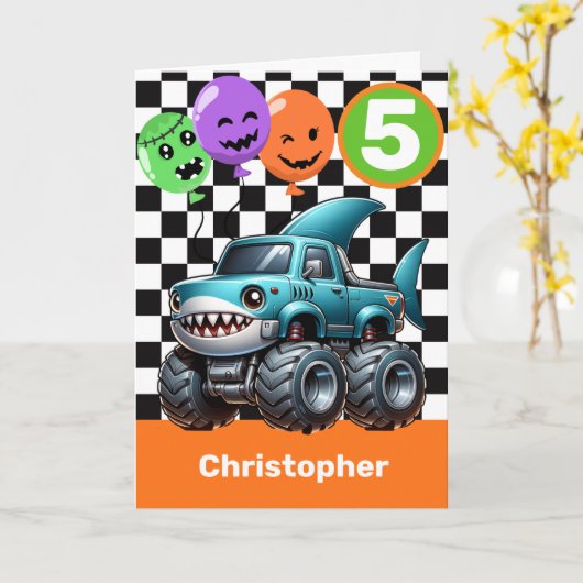 シャークモンスタートラック5誕生日ハロウィーン カード (黄色い花)