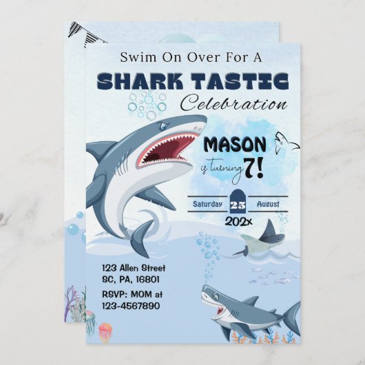 シャークユニセックスタスティック誕生日パーティーへの招待 招待状 (正面/裏面)
