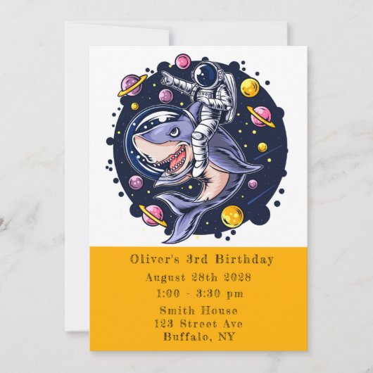 シャーク宇宙飛行士宇宙ボーイ誕生日パーティー 招待状 (正面)