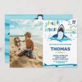 シャーク攻撃誕生日パーティーサメ少年プール写真 招待状 (正面/裏面)