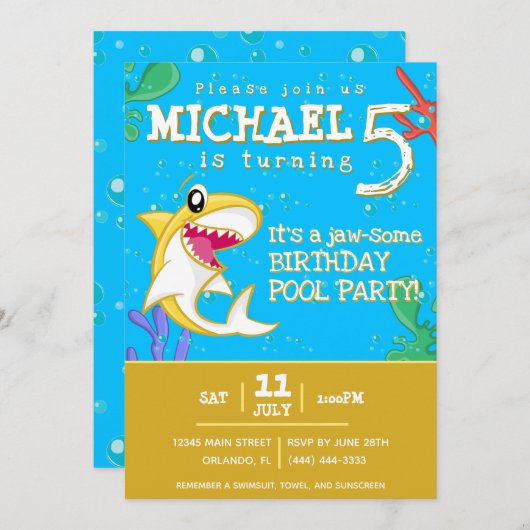 シャーク海キッズイエローエージ誕生日 招待状 (正面/裏面)