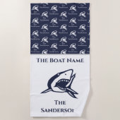 シャーク航海のネイビーブルーボートnファミリー名 ビーチタオル (正面)