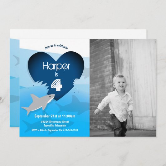 シャーク誕生日パーティフォト招待状 招待状 (正面/裏面)