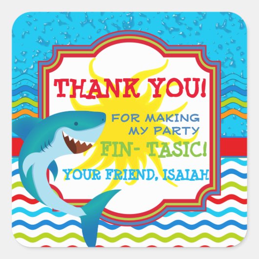 シャーク誕生日パーティーメッセージカードシール スクエアシール (正面)