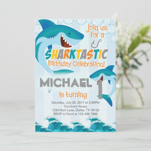 シャーク誕生日パーティー招待少年の夏 招待状 (スタンド正面)